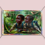 Two children in a jungle studying bird
