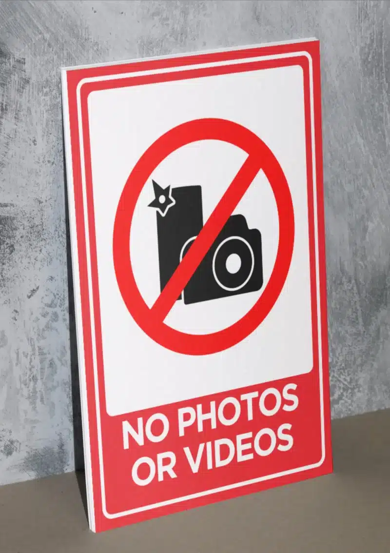 "No Photos Or Videos" - Foam board school sign , 12 by 17 inches