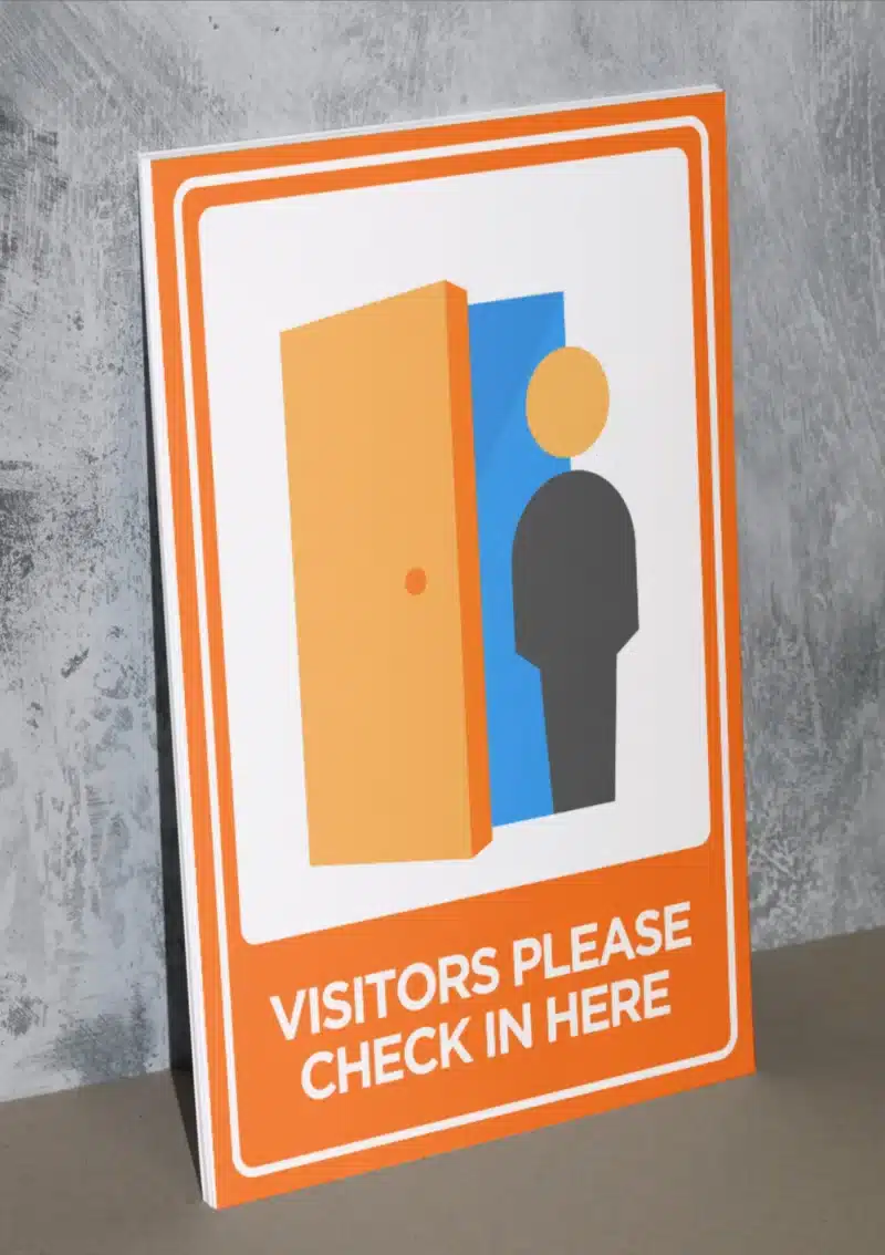 "Visitors Please Check In Here" - Foam board school sign , 12 by 17 inches