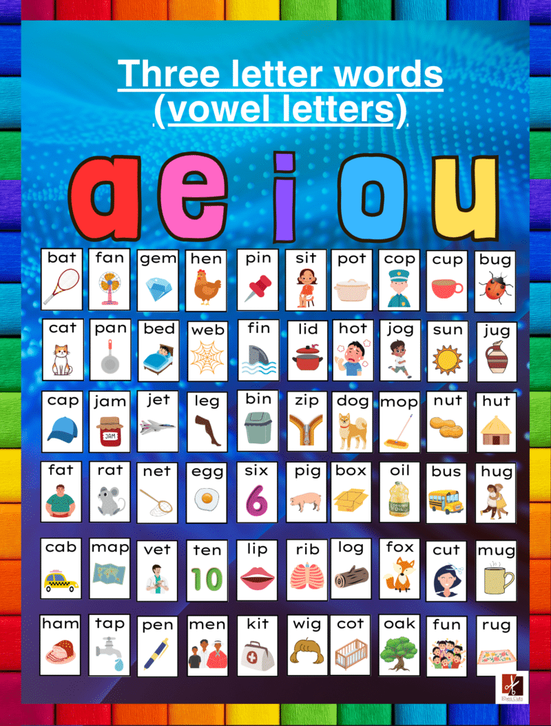 "Three letter Words and Vowel letters" - Primary instructional Poster