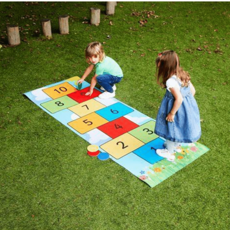 "1-10 colorful Hopscotch jumping game" -"Available in sticker and Flex" ACTIVITY GAME