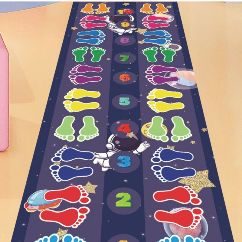 "Colorful Interactive Space-themed Footmarkers hopscotch jumping game   " "Available in sticker and Flex"- ACTIVITY GAME