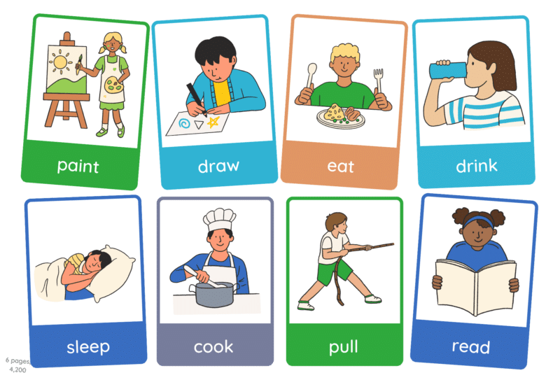 "Colorful Action word  -5pages  " -  Flashcard ,Also available in African theme