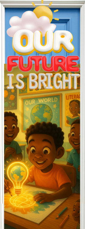 "Our future is bright" -Door sticker on paper