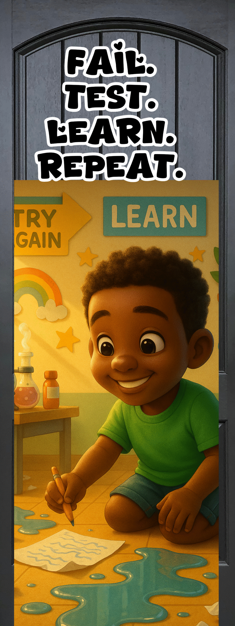 "Fail, test, Learn, Repeat" -Door sticker on paper