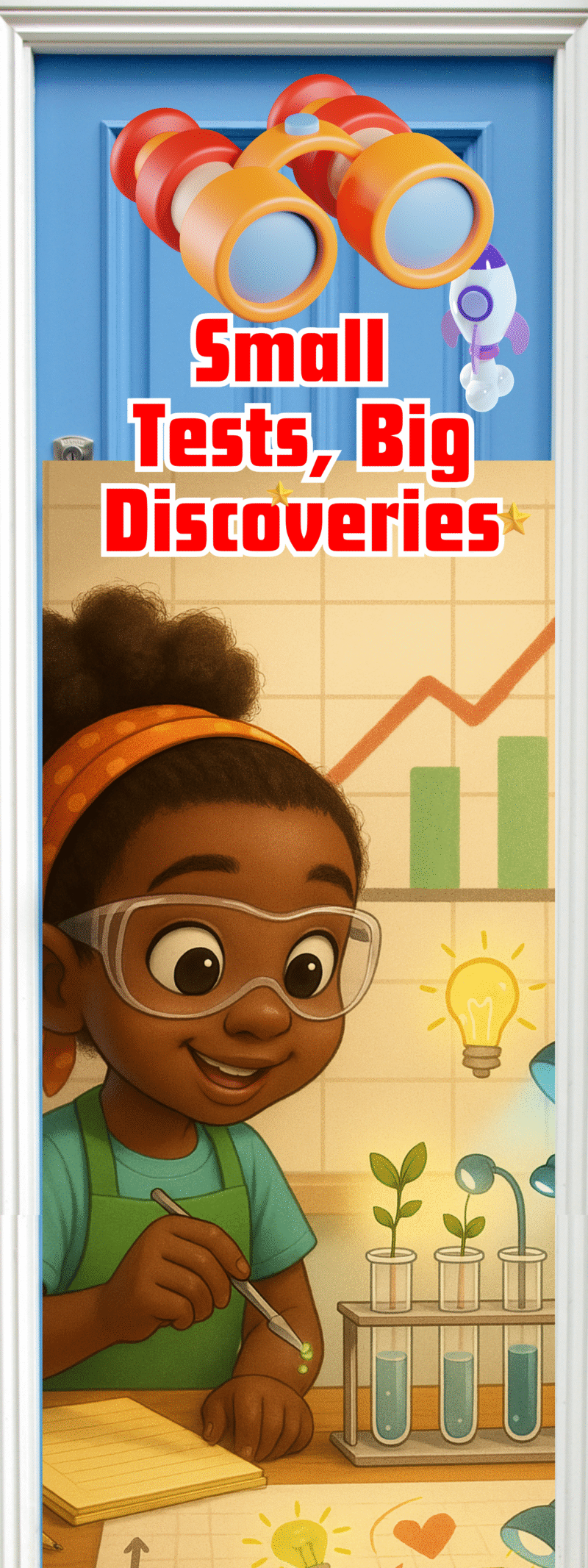 "Small Tests, Big discoveries" -Door sticker on paper
