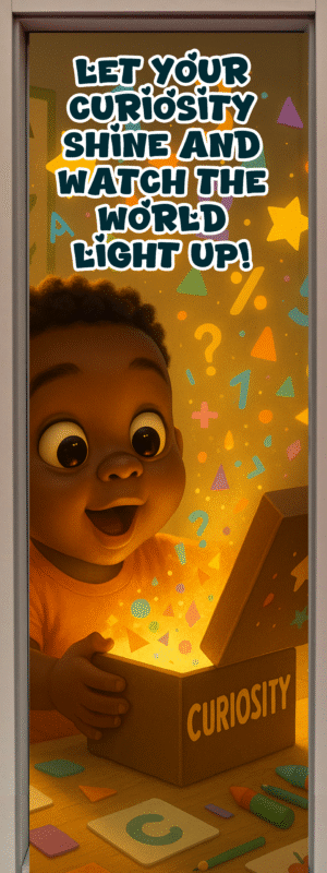 "Let your curiosity shine and watch the world light up" -Door sticker on paper