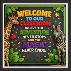 'Welcome to our classroom were the adventure....  ' - Classroom Display Flex Board(4ft by 4ft)