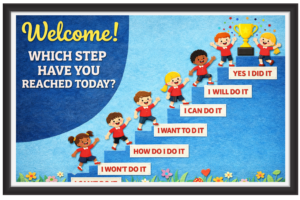 'Welcome! which step have you reached today?'-Classroom Display Flex Banner(6ft by 4ft)