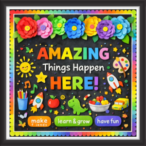 'Amazing things happen here ' - Classroom Display Flex Board(4ft by 4ft)