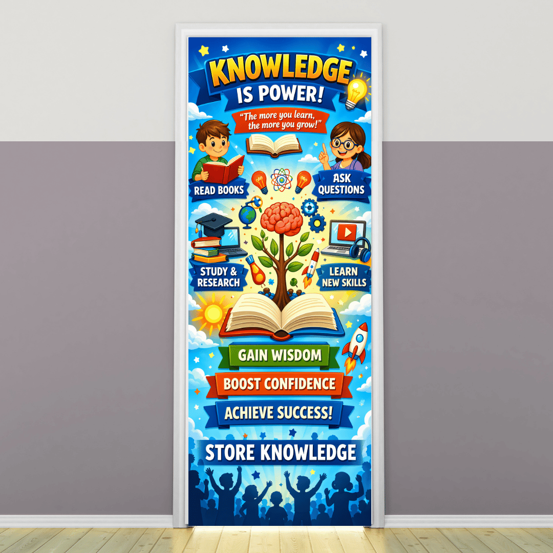 "Knowledge is Power" -Door sticker on paper