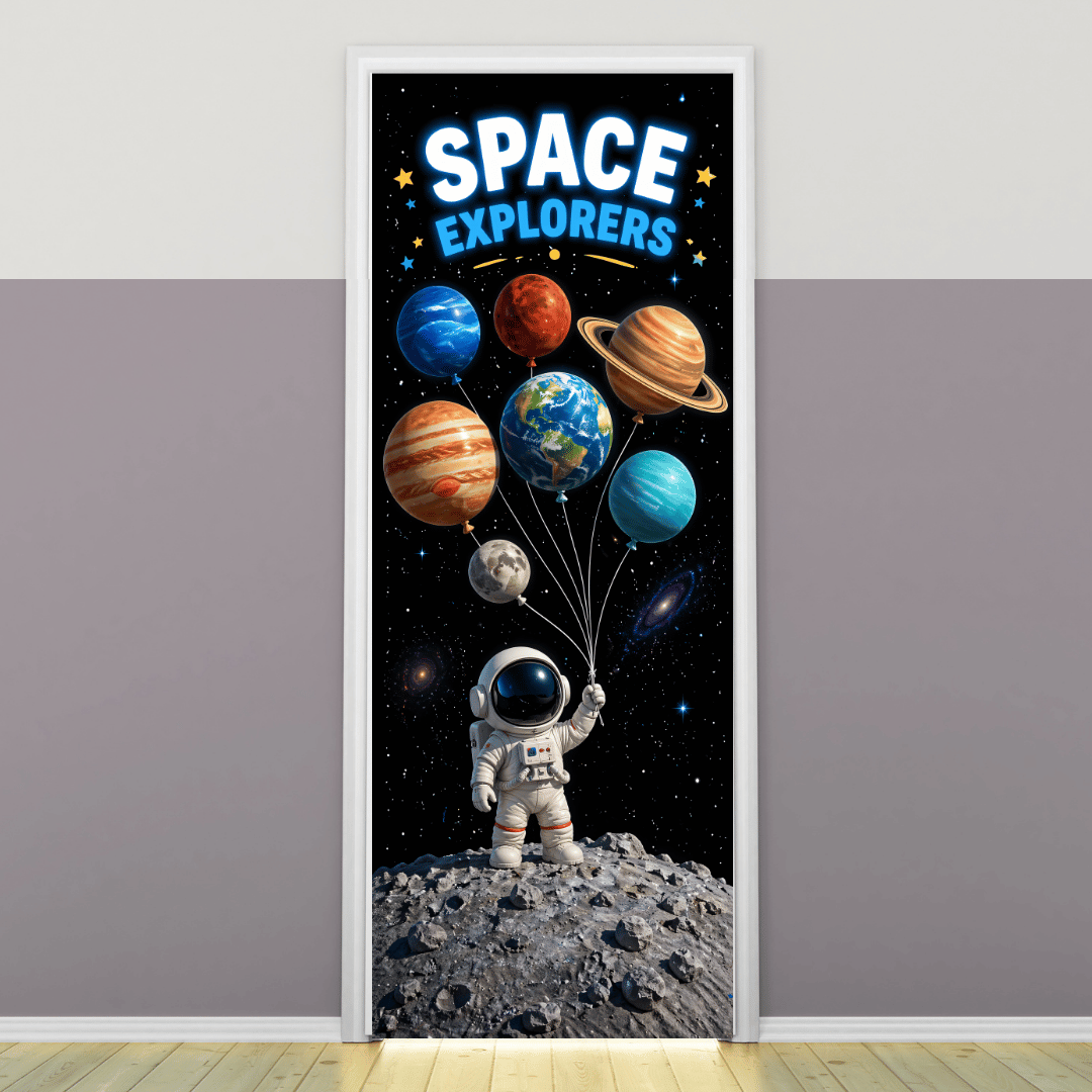 "Space Explorers" -Door sticker on paper