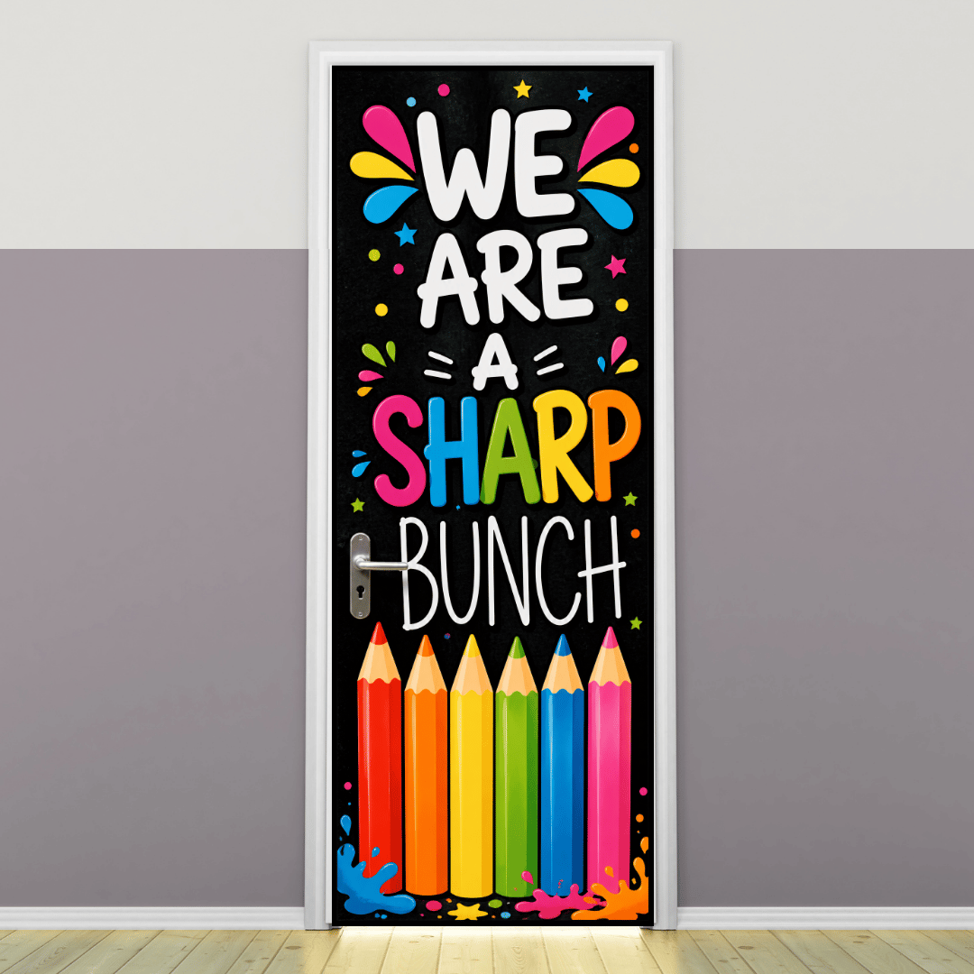 "We are a sharp bunch" -Door sticker on paper