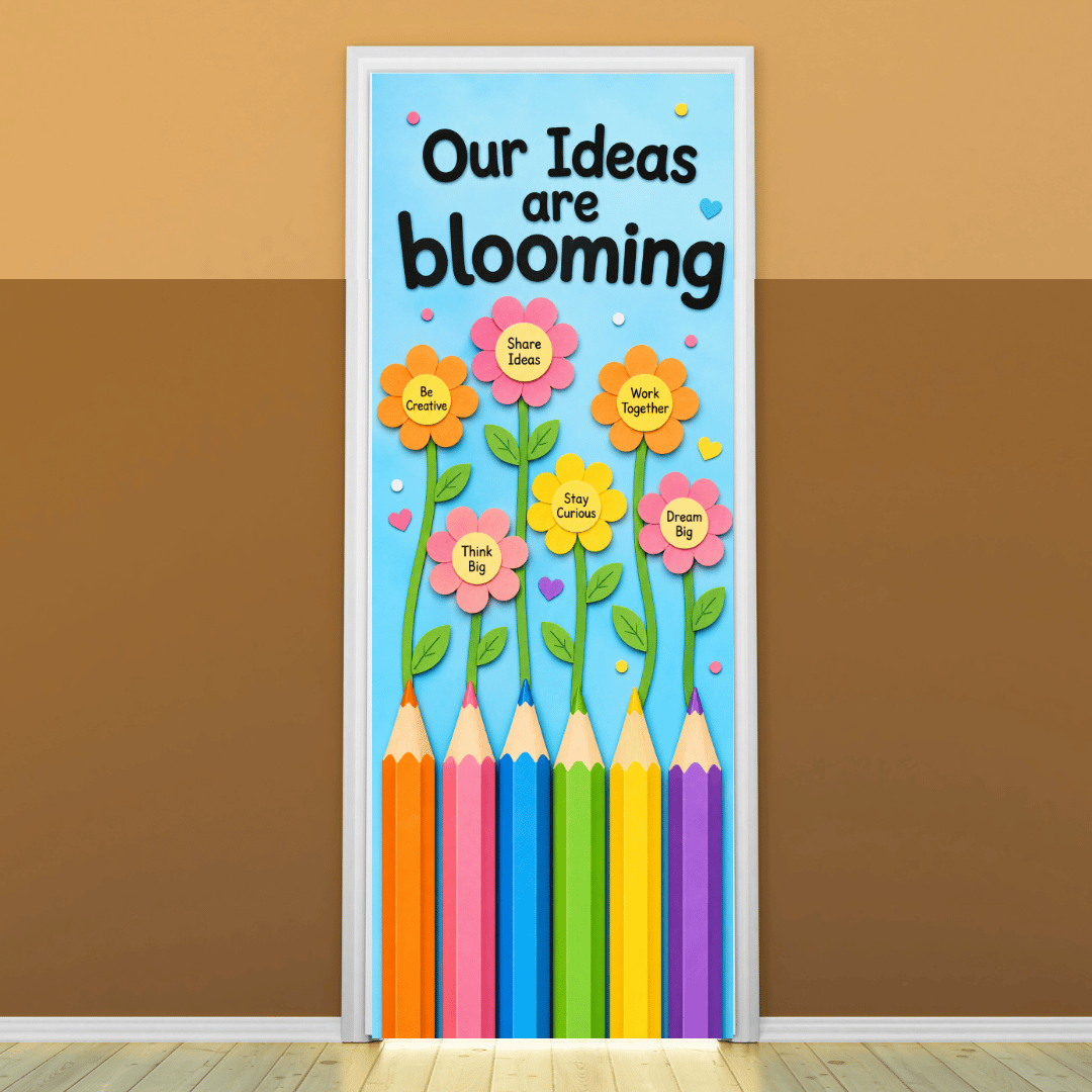 "Our Ideas are blooming" -Door sticker on paper