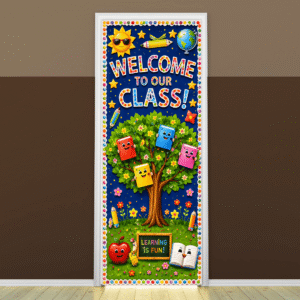 "Welcome to our class" -Door sticker on paper