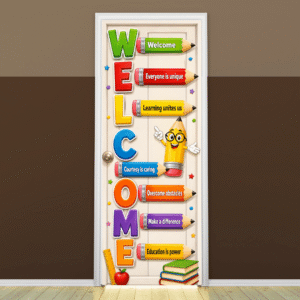 "Welcome " -Door sticker on paper