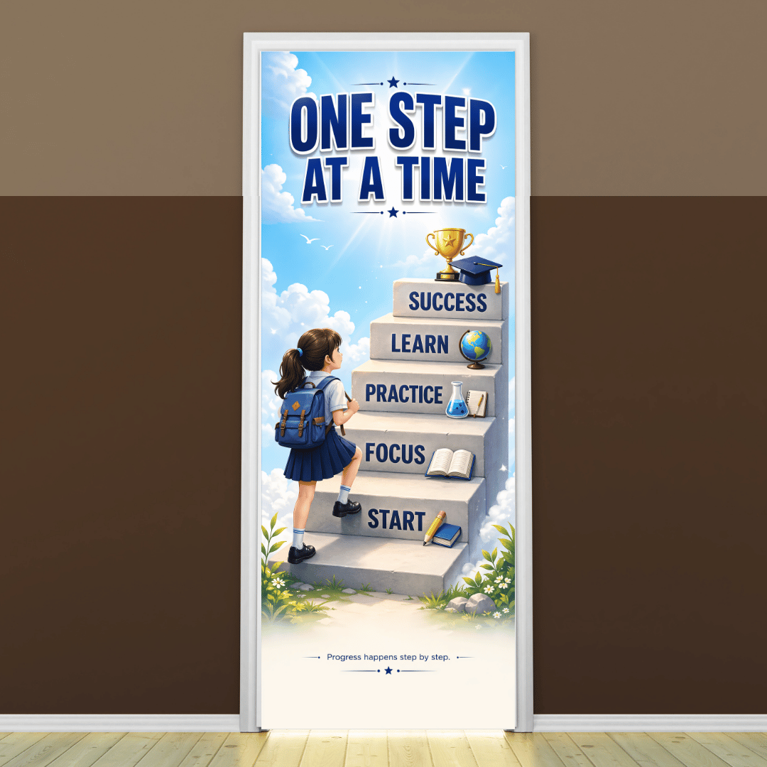 “One step at a time” -Door sticker on paper