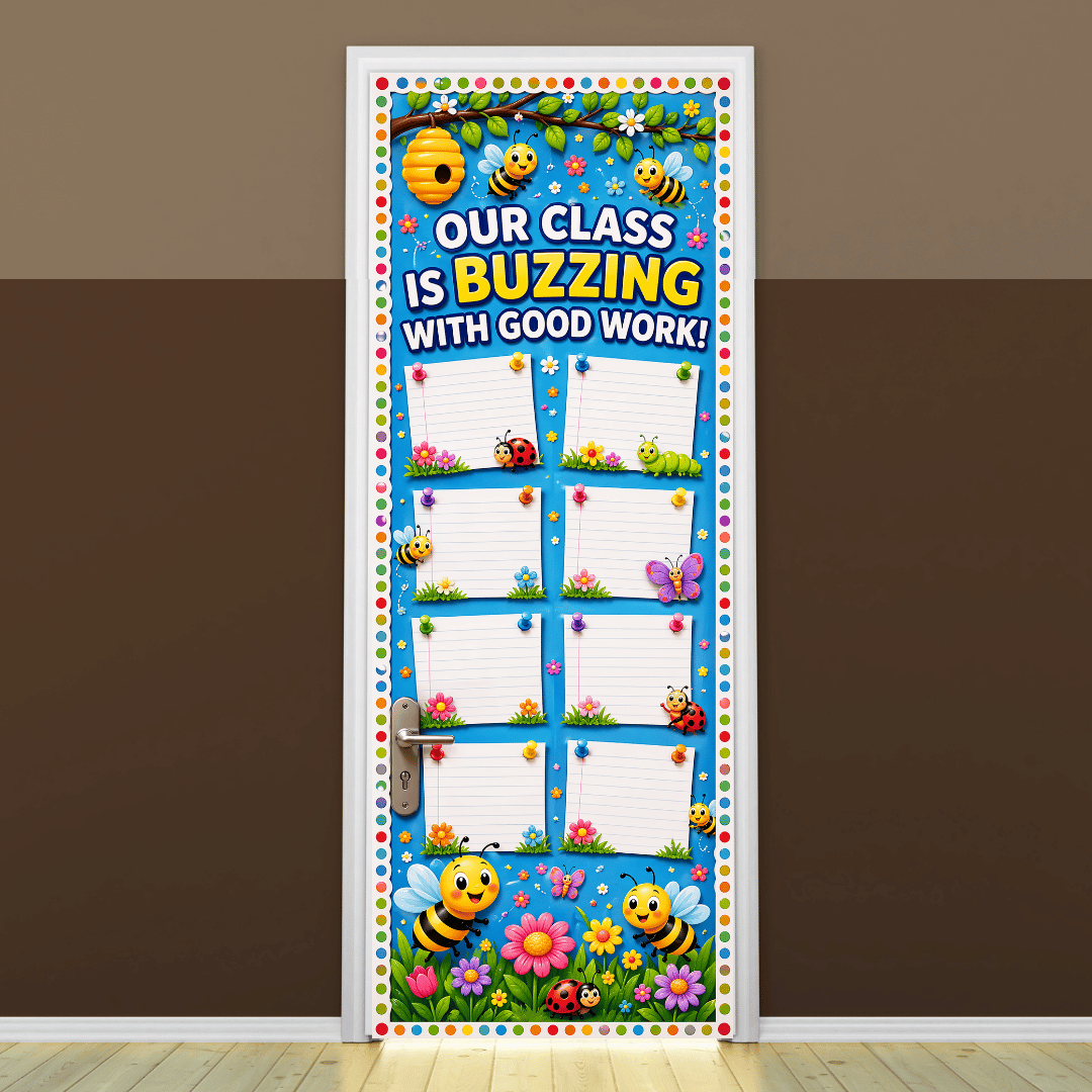 “Our class is buzzing with good work” -Door sticker on paper