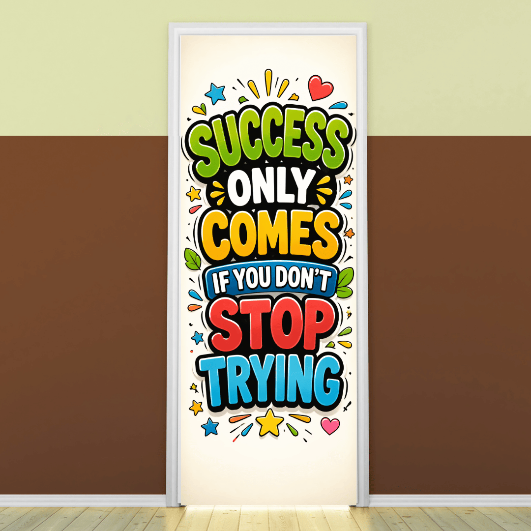 “Sucess only comes if you don’t stop trying” -Door sticker on paper