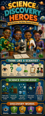 "Science, Discovery, Heroes" -Door sticker on paper
