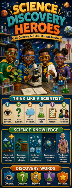 "Science, Discovery, Heroes" -Door sticker on paper
