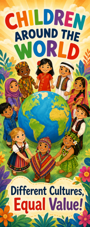 "Children around the world" -Door sticker on paper