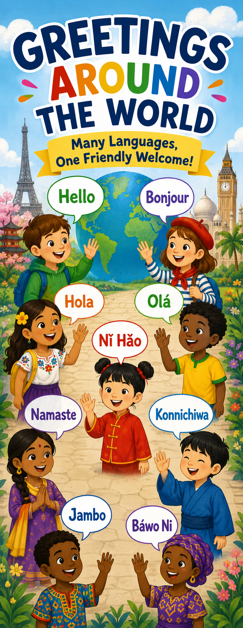 "Greetings around the world" -Door sticker on paper