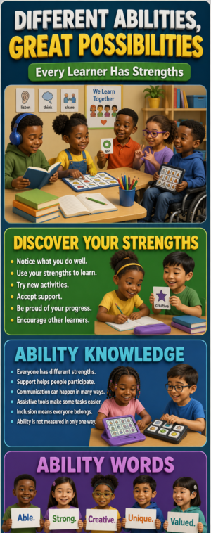 "Diffferent Abilities, Great Possibilities" -Door sticker on paper