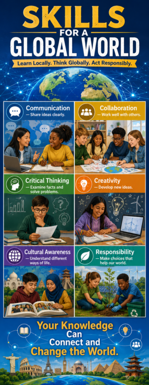 "Skills for a global world" -Door sticker on paper