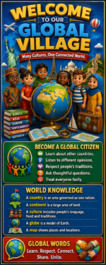 "Welcome to our Global village" -Door sticker on paper