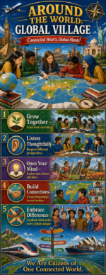 "Around the world, global village" -Door sticker on paper