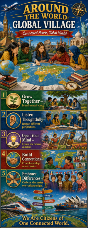 "Around the world, global village" -Door sticker on paper