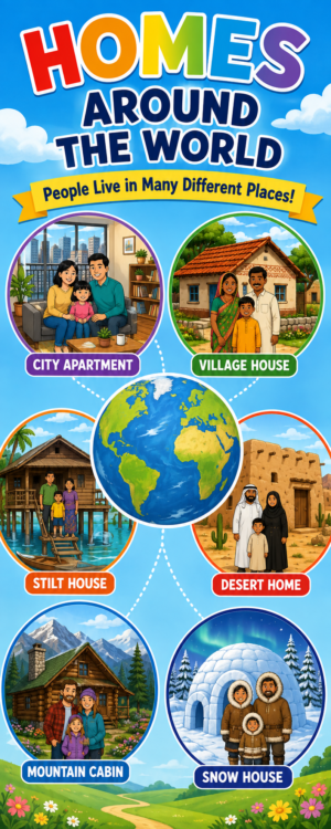 "Homes around the world" -Door sticker on paper