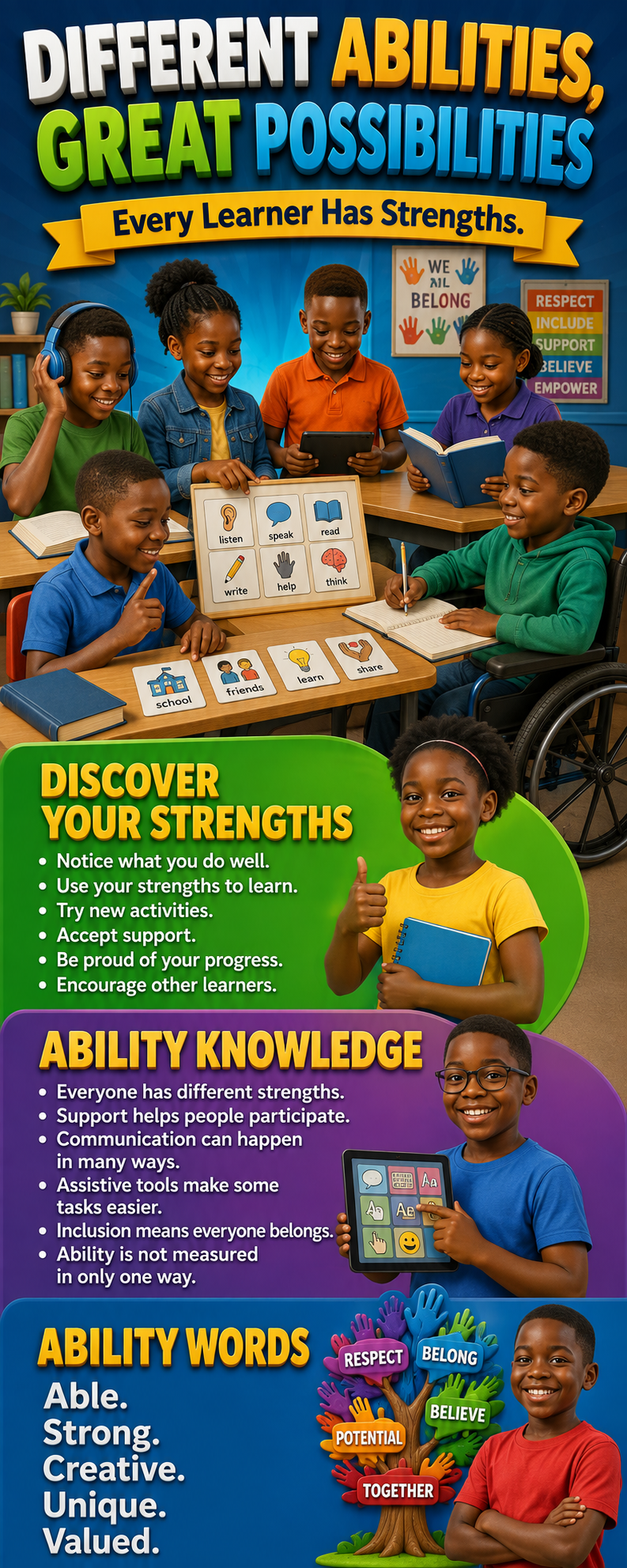 "Different Abilities, Great Possibilities" -Door sticker on paper