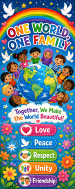 "One world, One Family" -Door sticker on paper
