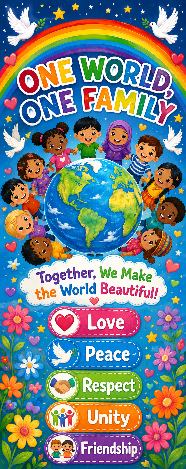 "One world, One Family" -Door sticker on paper