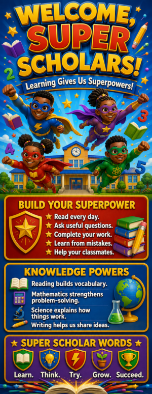 "Welcome Super Scholars" -Door sticker on paper