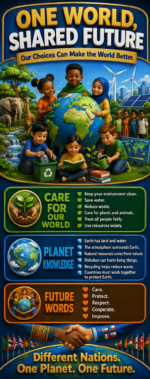 "One world shared future" -Door sticker on paper