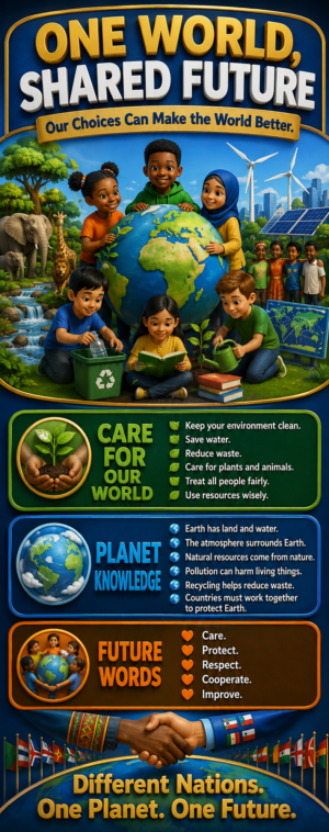 "One world shared future" -Door sticker on paper