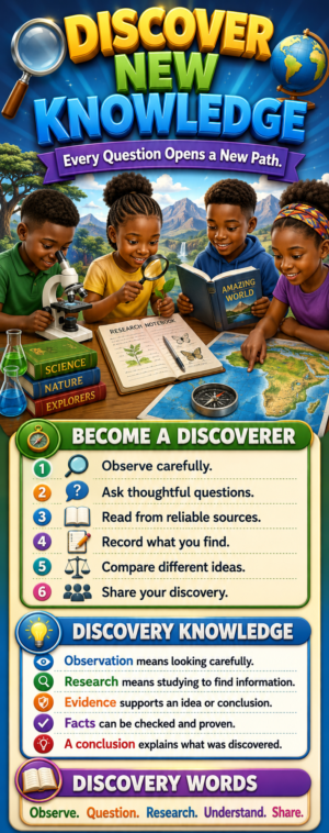 "Discover new Knowledge" -Door sticker on paper